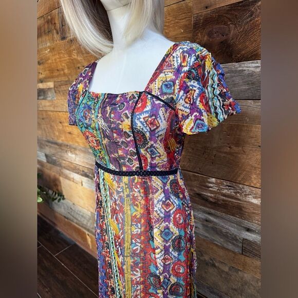 RAGA 🌈  Boho Tribal-Print Tiered Dress – Gold Glitter Accents, Flutter Sleeves - Picture 4 of 14